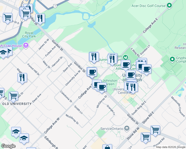 map of restaurants, bars, coffee shops, grocery stores, and more near 358 Gordon Street in Guelph