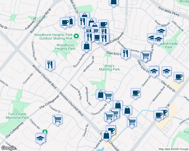 map of restaurants, bars, coffee shops, grocery stores, and more near 3244 Mainsail Crescent in Mississauga