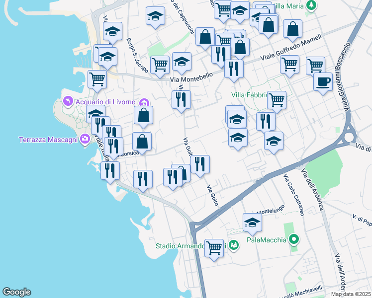 map of restaurants, bars, coffee shops, grocery stores, and more near 86 Via Goito in Livorno