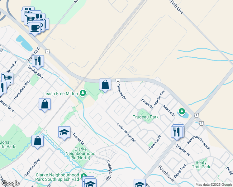 map of restaurants, bars, coffee shops, grocery stores, and more near 500 Blinco Terrace in Milton