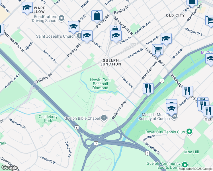 map of restaurants, bars, coffee shops, grocery stores, and more near 190 Inkerman Street in Guelph