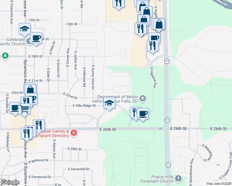 map of restaurants, bars, coffee shops, grocery stores, and more near 5732 East Red Oak Drive in Sioux Falls