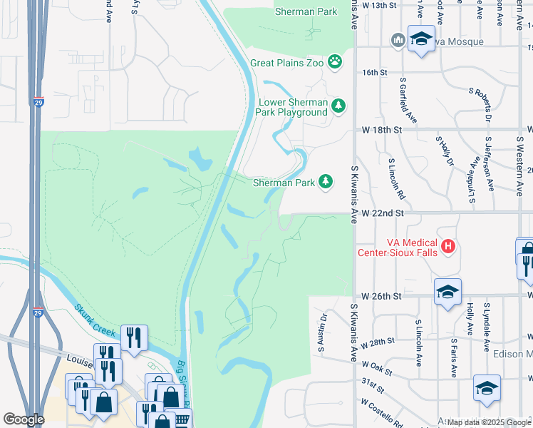 map of restaurants, bars, coffee shops, grocery stores, and more near 1433-1499 S Westward Ho Pl in Sioux Falls