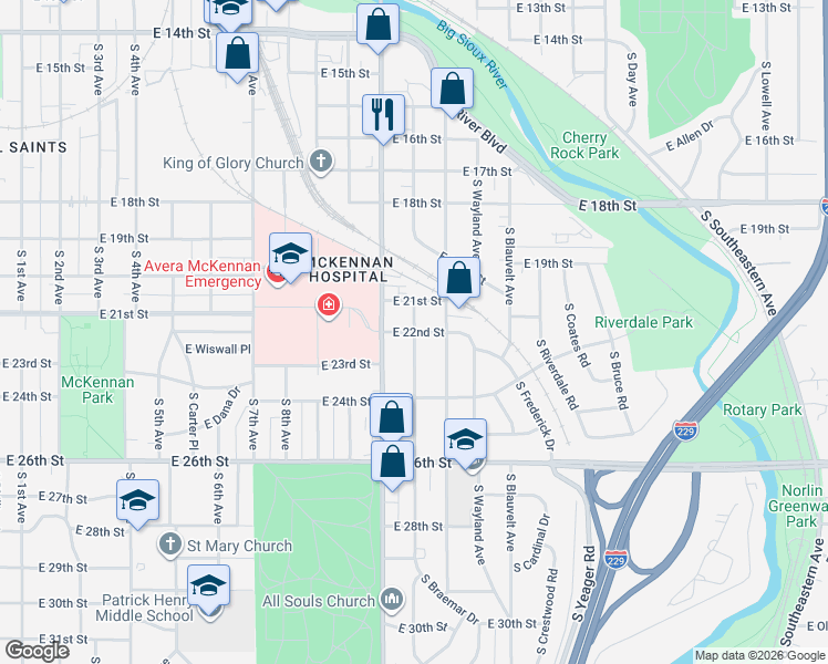 map of restaurants, bars, coffee shops, grocery stores, and more near 1301 East 22nd Street in Sioux Falls