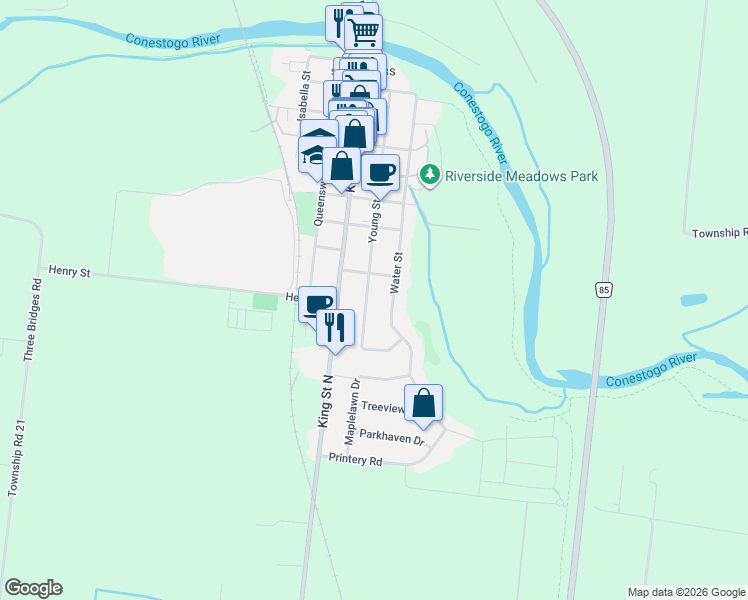 map of restaurants, bars, coffee shops, grocery stores, and more near 119 Young Street in Woolwich