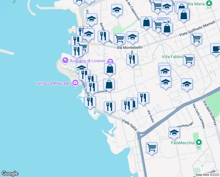 map of restaurants, bars, coffee shops, grocery stores, and more near 112 Via San Jacopo In Acquaviva in Livorno