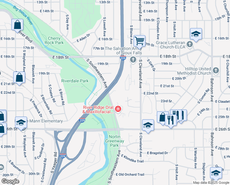 map of restaurants, bars, coffee shops, grocery stores, and more near 1412 South Lighthouse Place in Sioux Falls