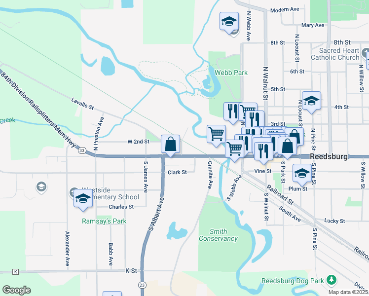 map of restaurants, bars, coffee shops, grocery stores, and more near 134 Eagle Street in Reedsburg