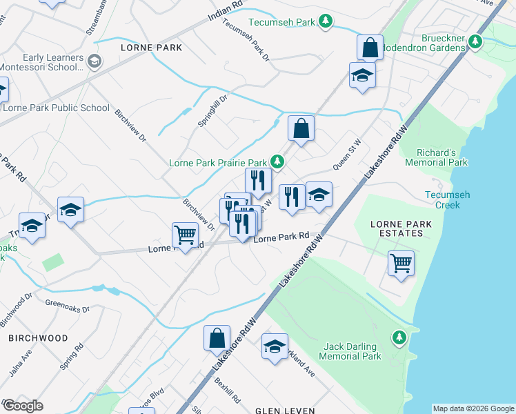 map of restaurants, bars, coffee shops, grocery stores, and more near 1132 Queen Street West in Mississauga