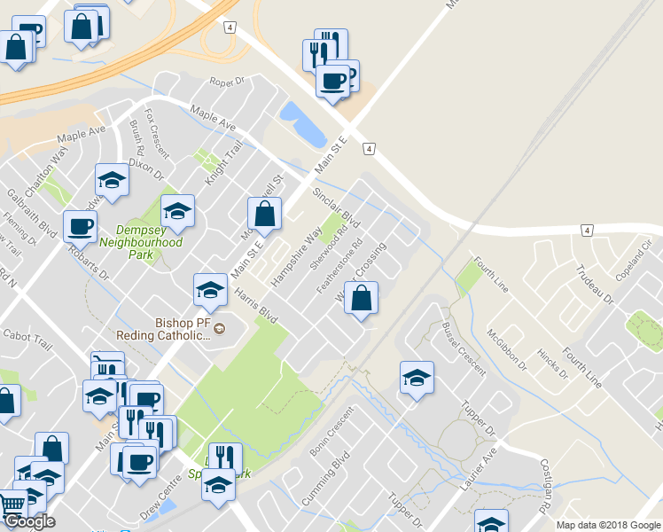 map of restaurants, bars, coffee shops, grocery stores, and more near 211 Featherstone Road in Milton