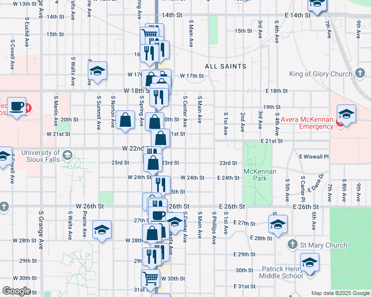 map of restaurants, bars, coffee shops, grocery stores, and more near 1401 South Center Avenue in Sioux Falls