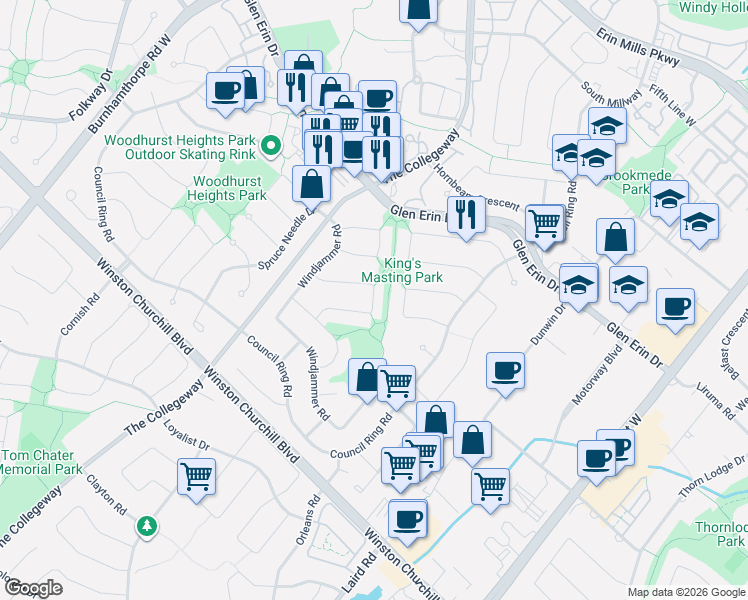 map of restaurants, bars, coffee shops, grocery stores, and more near 3354 Mainsail Crescent in Mississauga