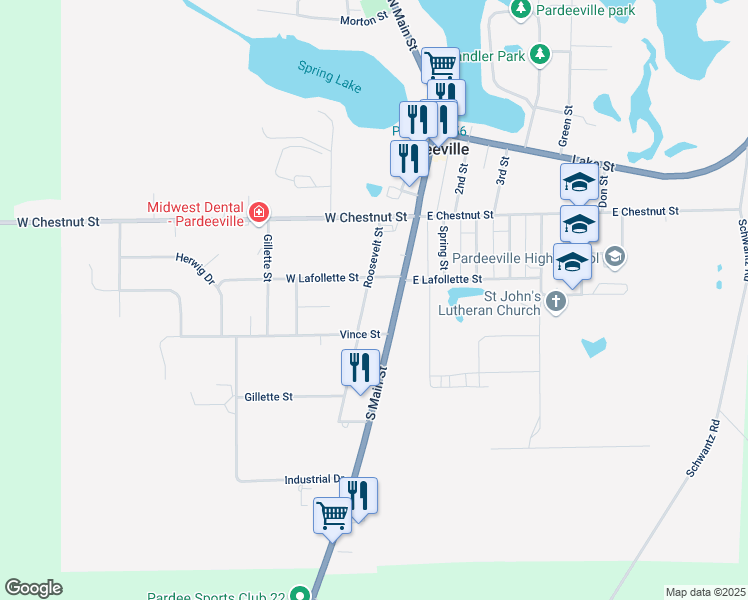 map of restaurants, bars, coffee shops, grocery stores, and more near 208 Roosevelt St in Pardeeville