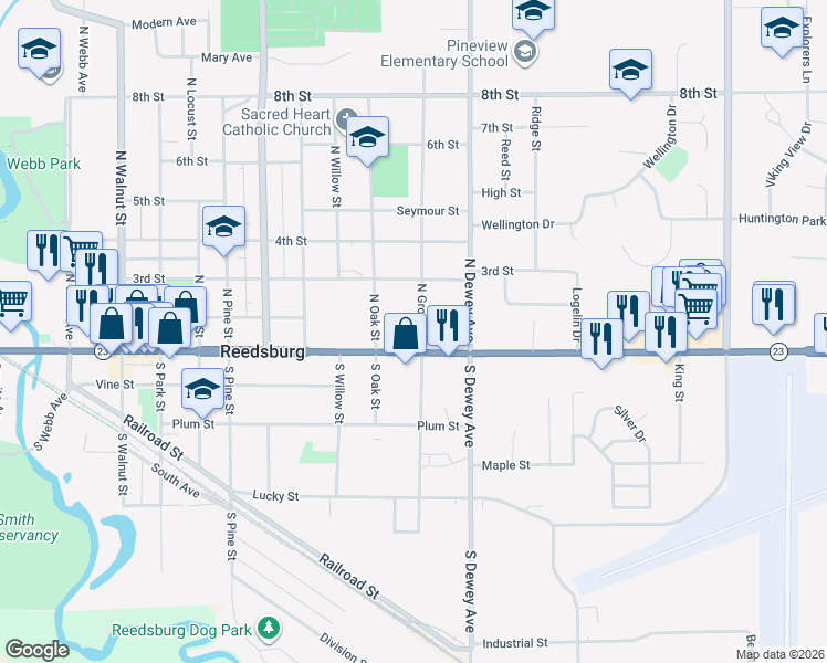 map of restaurants, bars, coffee shops, grocery stores, and more near 127 North Grove Street in Reedsburg
