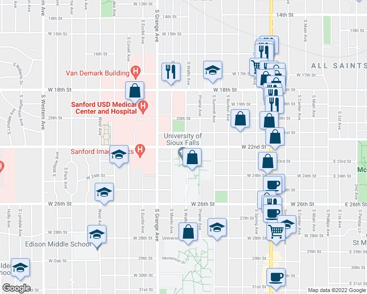 map of restaurants, bars, coffee shops, grocery stores, and more near 1114 West 22nd Street in Sioux Falls