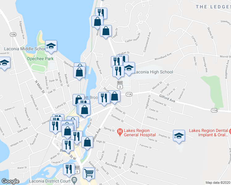 map of restaurants, bars, coffee shops, grocery stores, and more near 26 Strafford Street in Laconia