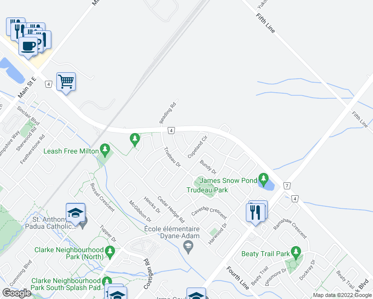 map of restaurants, bars, coffee shops, grocery stores, and more near 1755 Copeland Circle in Milton