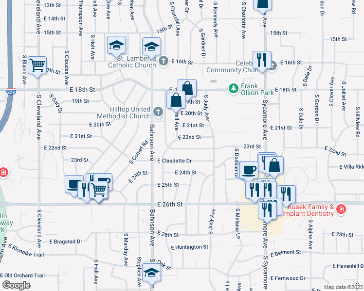map of restaurants, bars, coffee shops, grocery stores, and more near 3801 East 22nd Street in Sioux Falls