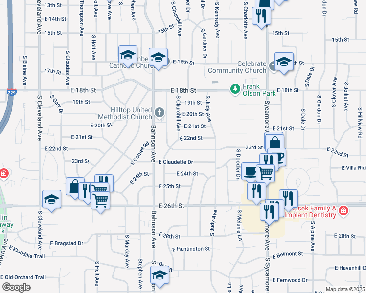 map of restaurants, bars, coffee shops, grocery stores, and more near 3801 East 22nd Street in Sioux Falls