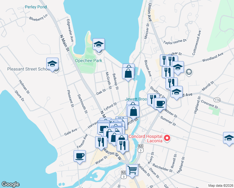 map of restaurants, bars, coffee shops, grocery stores, and more near 22 Belknap Street in Laconia