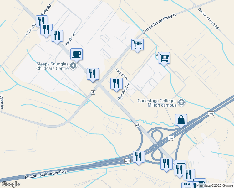 map of restaurants, bars, coffee shops, grocery stores, and more near 8473 Highway 25 in Milton