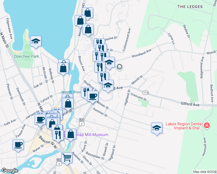 map of restaurants, bars, coffee shops, grocery stores, and more near 18 Gilford Avenue in Laconia