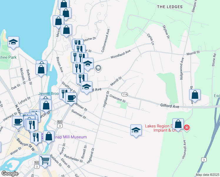 map of restaurants, bars, coffee shops, grocery stores, and more near 91 Gilford Avenue in Laconia