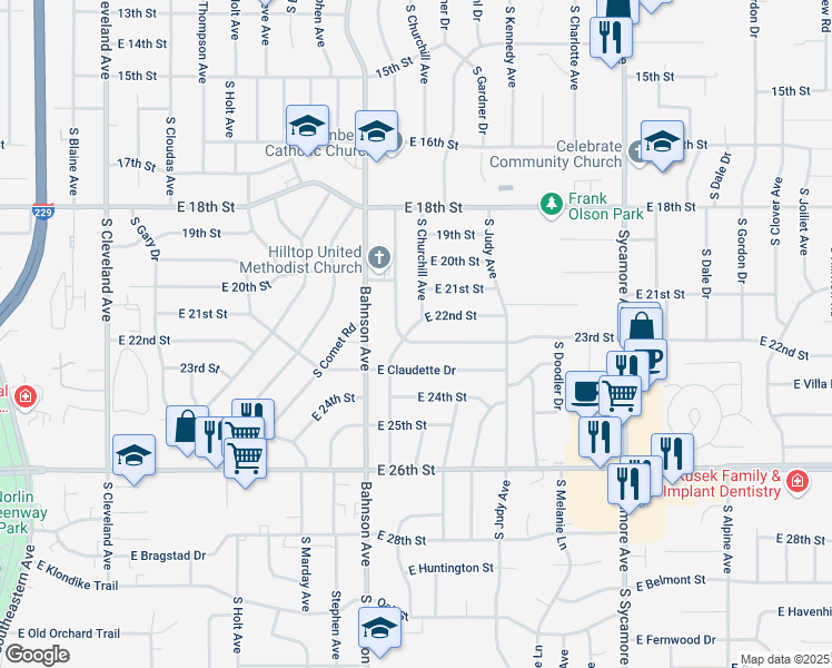 map of restaurants, bars, coffee shops, grocery stores, and more near 3801 East 22nd Street in Sioux Falls