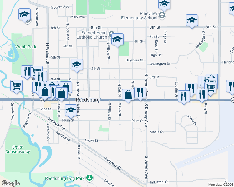 map of restaurants, bars, coffee shops, grocery stores, and more near 129 North Oak Street in Reedsburg