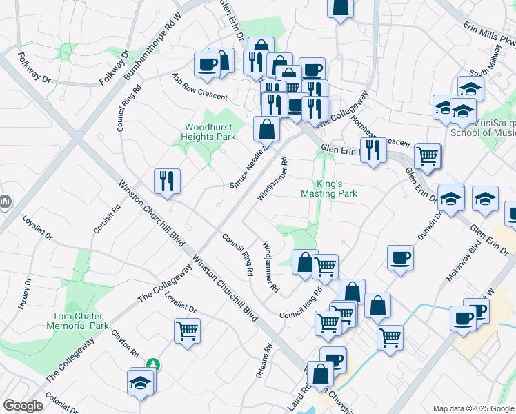 map of restaurants, bars, coffee shops, grocery stores, and more near 3383 Tallmast Crescent in Mississauga