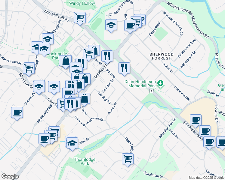 map of restaurants, bars, coffee shops, grocery stores, and more near in Mississauga