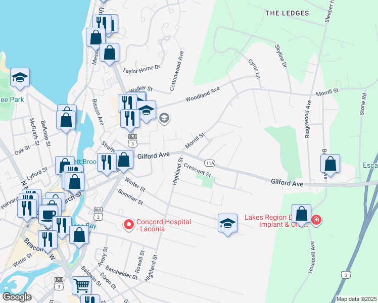 map of restaurants, bars, coffee shops, grocery stores, and more near 91 Gilford Avenue in Laconia