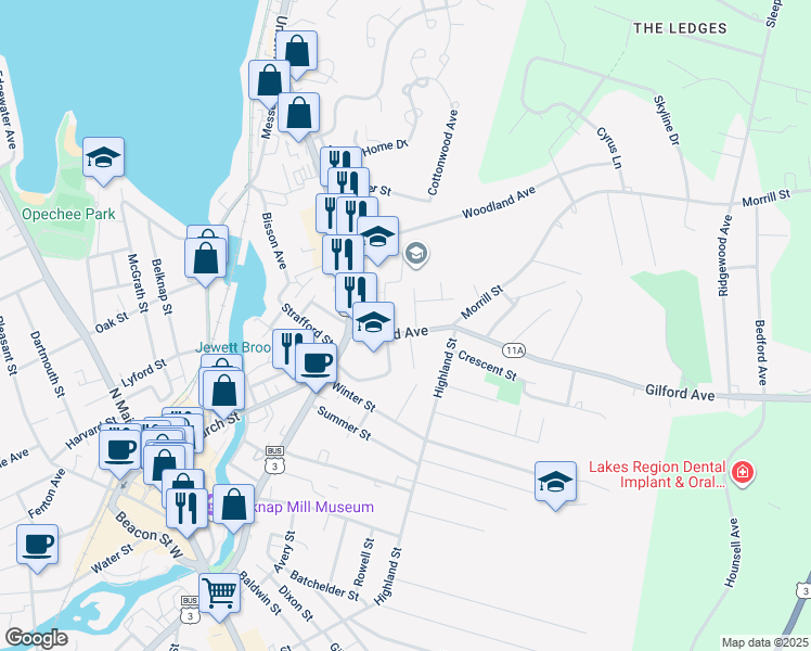 map of restaurants, bars, coffee shops, grocery stores, and more near 5 Dewey Street in Laconia