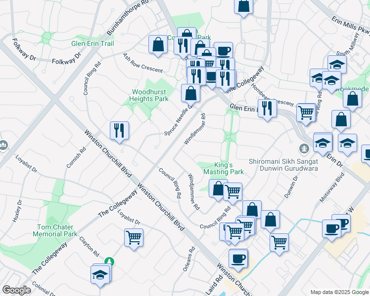 map of restaurants, bars, coffee shops, grocery stores, and more near 3383 Tallmast Crescent in Mississauga