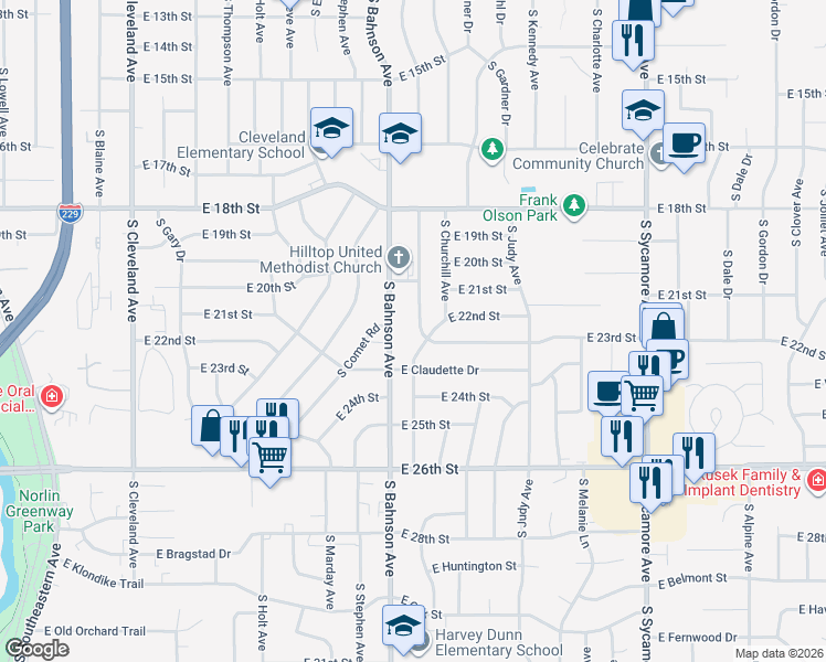 map of restaurants, bars, coffee shops, grocery stores, and more near 1400-1498 S Bahnson Ave in Sioux Falls