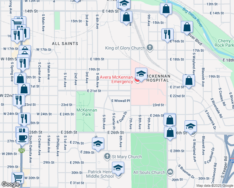 map of restaurants, bars, coffee shops, grocery stores, and more near 612 East Wiswall Place in Sioux Falls