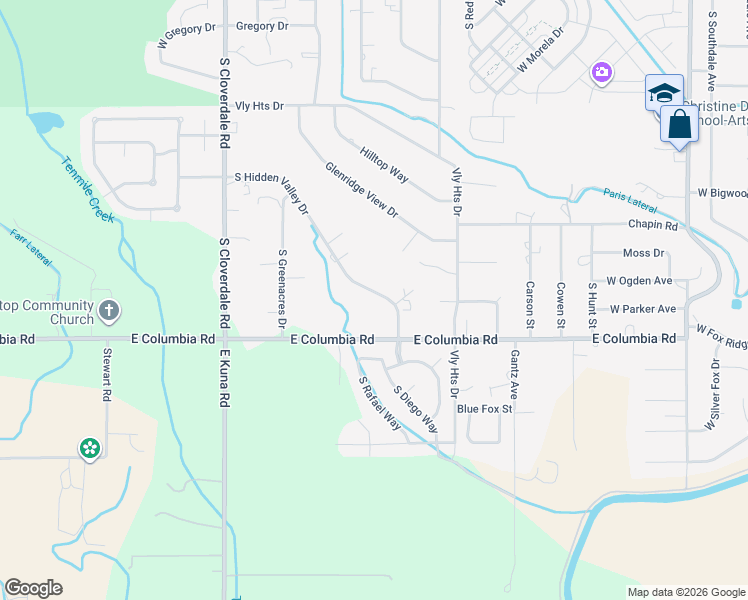 map of restaurants, bars, coffee shops, grocery stores, and more near 7633 South Hidden Valley Drive in Boise