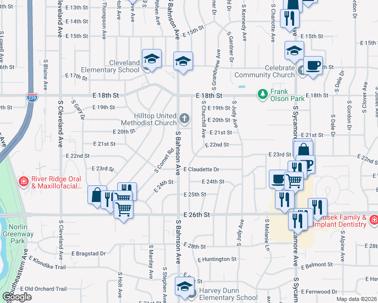 map of restaurants, bars, coffee shops, grocery stores, and more near 1400-1498 S Bahnson Ave in Sioux Falls