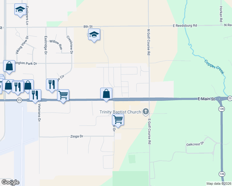 map of restaurants, bars, coffee shops, grocery stores, and more near 2601 E Main St in Reedsburg