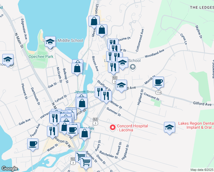 map of restaurants, bars, coffee shops, grocery stores, and more near 25 Strafford Street in Laconia
