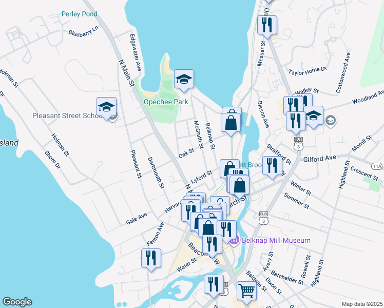 map of restaurants, bars, coffee shops, grocery stores, and more near 99 Oak Street in Laconia