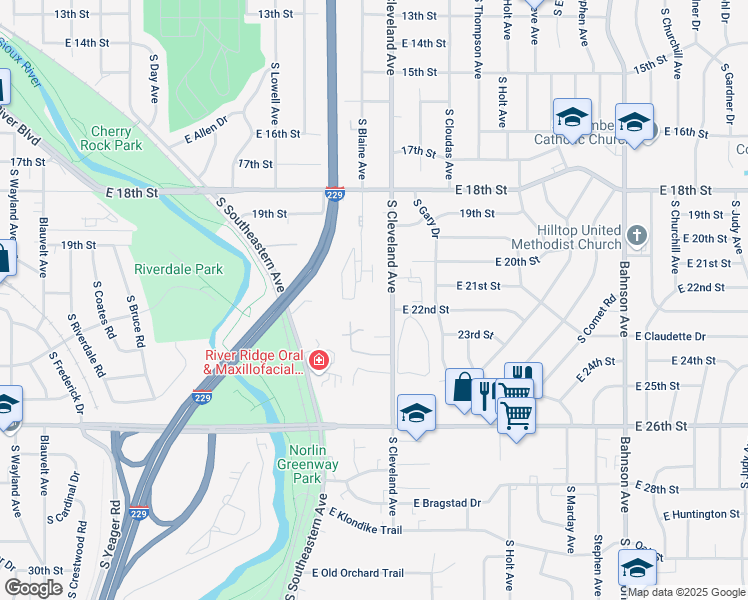 map of restaurants, bars, coffee shops, grocery stores, and more near 1409 South Cleveland Avenue in Sioux Falls