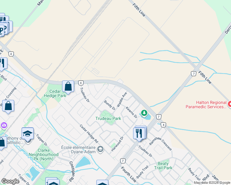 map of restaurants, bars, coffee shops, grocery stores, and more near 1681 Stover Crescent in Milton