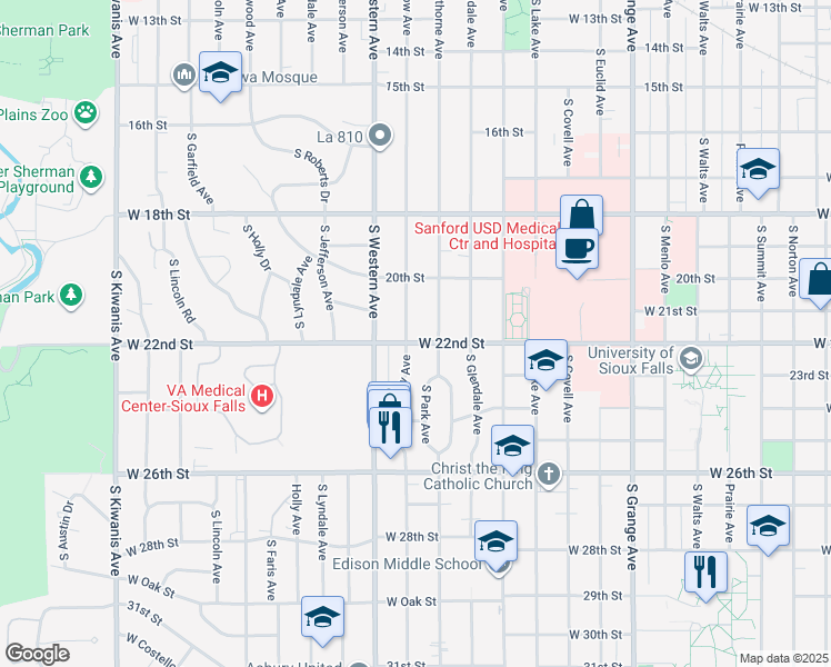 map of restaurants, bars, coffee shops, grocery stores, and more near 1914 West 22nd Street in Sioux Falls