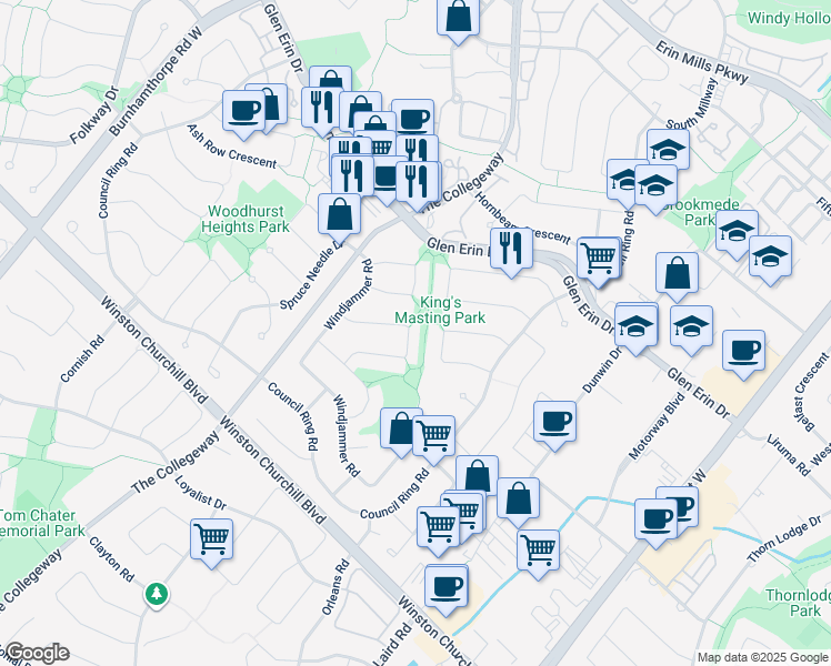 map of restaurants, bars, coffee shops, grocery stores, and more near 3309 Mainsail Crescent in Mississauga