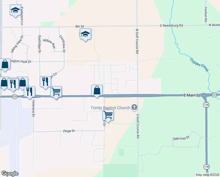 map of restaurants, bars, coffee shops, grocery stores, and more near 2601 East Main Street in Reedsburg