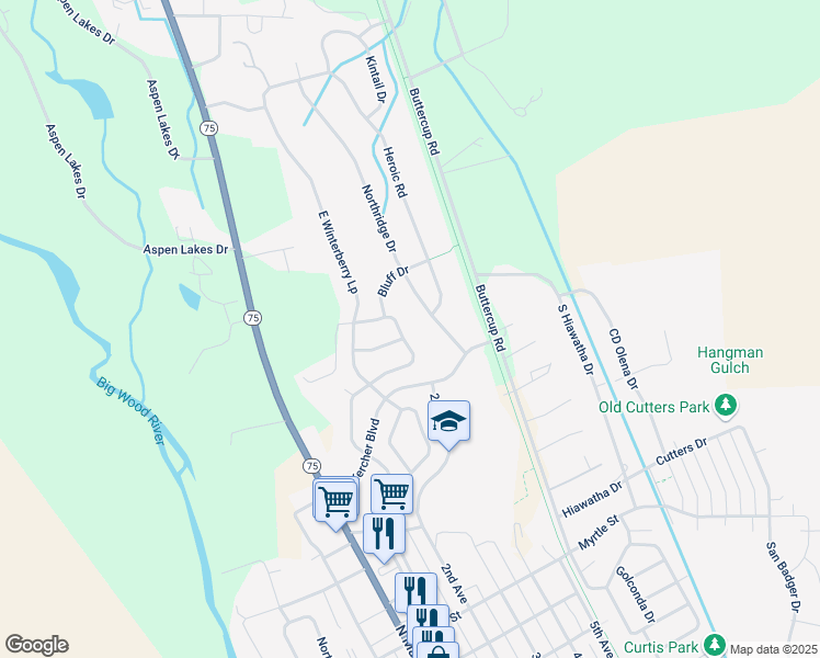 map of restaurants, bars, coffee shops, grocery stores, and more near 340 Primrose Lane in Hailey