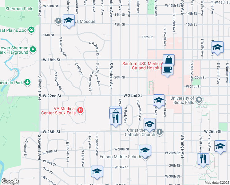 map of restaurants, bars, coffee shops, grocery stores, and more near 1900-1998 West 22nd Street in Sioux Falls