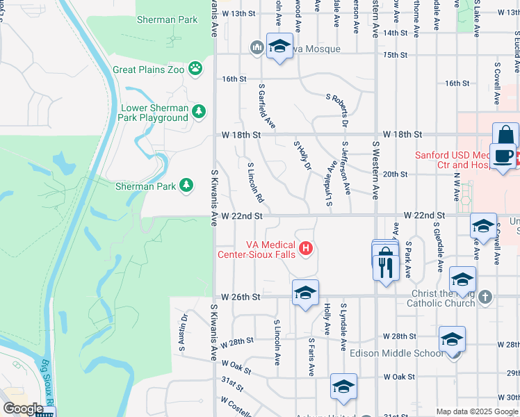 map of restaurants, bars, coffee shops, grocery stores, and more near 21 South Riverview Heights in Sioux Falls