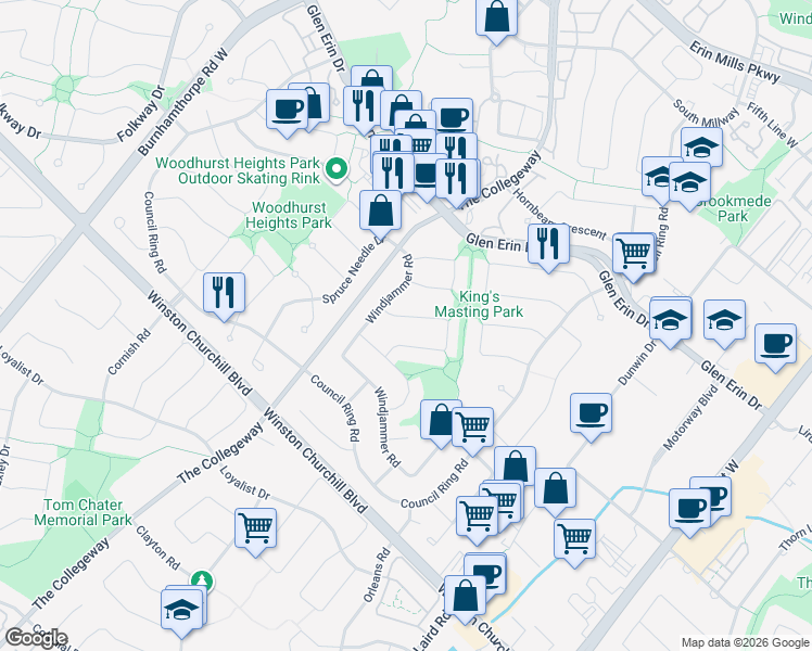 map of restaurants, bars, coffee shops, grocery stores, and more near 3362 Mainsail Crescent in Mississauga